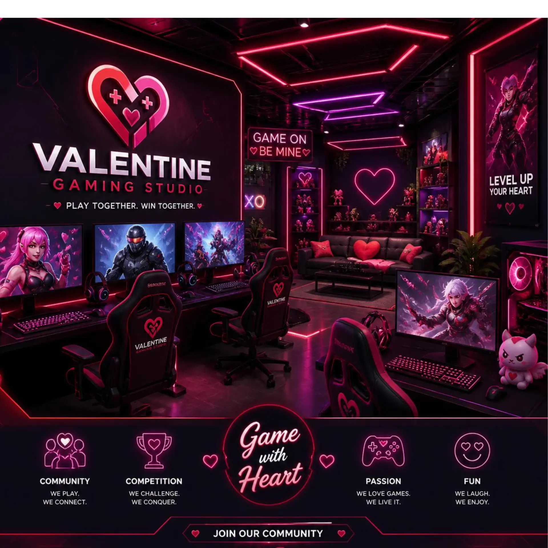 Valentine Gaming Studio neon gaming room with multiple monitors, gaming chairs, and pink heart decorations